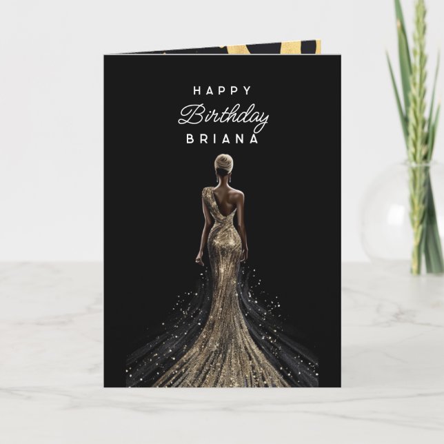 Girl back sparkling golden evening dress birthday card (Front)