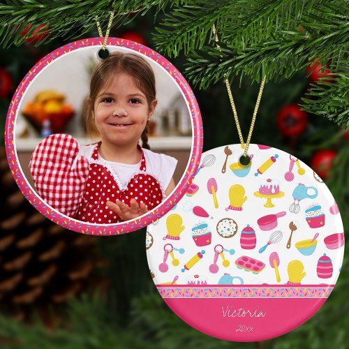 Girl Baker Pink Cooking Kid Chef Photo Christmas Ceramic Ornament