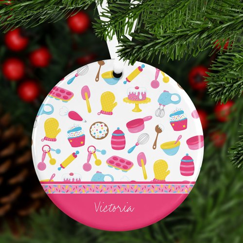 Girl Baker Pink Cooking Pattern Chef Kid Christmas Ceramic Ornament
