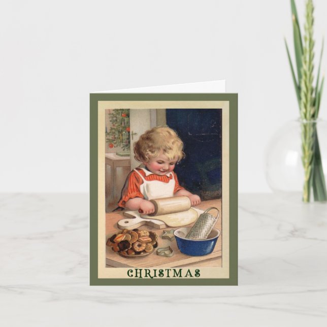 Girl Baking Cookies with Recipe Christmas Card (Front)