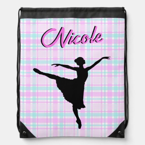 Girl Ballerina Ballroom Dance Plaid Pastel Drawstring Bag