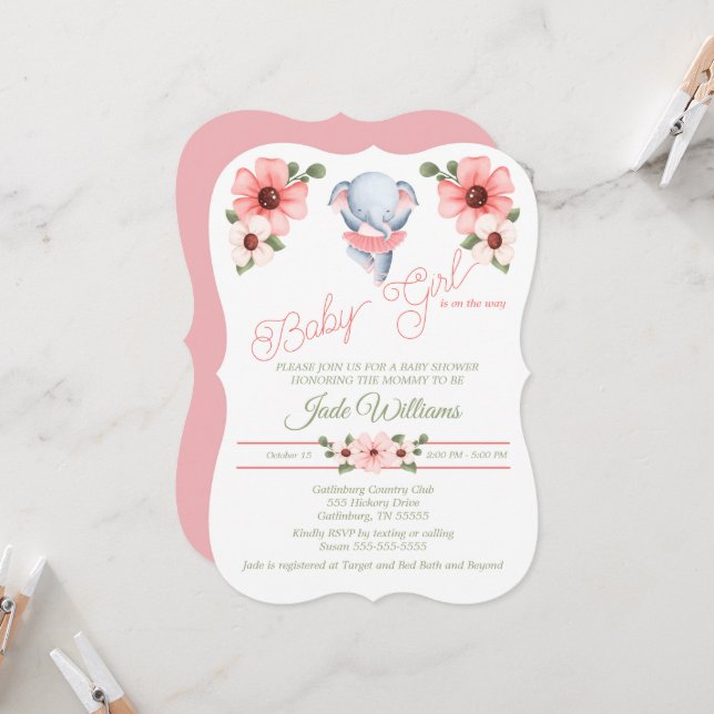 Girl Ballerina Elephant Baby Shower Invitation (Front/Back In Situ)
