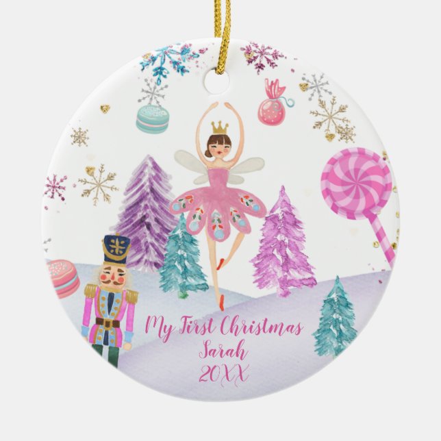 Girl Ballerina Nutcracker 1st Christmas Ceramic Ornament (Front)