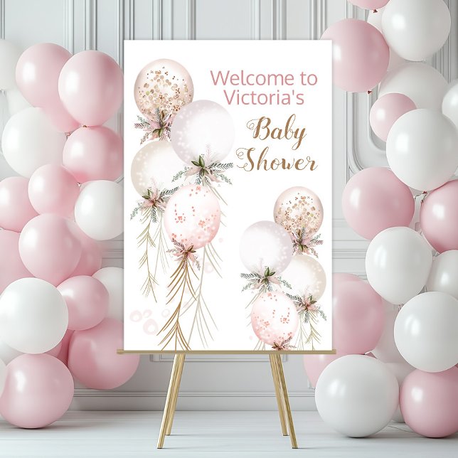 Girl Balloon Baby Shower Welcome Sign (Pink and gold balloon baby shower welcome sign with beautiful watercolor balloons. )