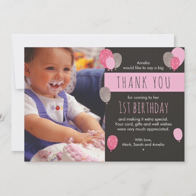 Girl balloon birthday thank you card (Front)