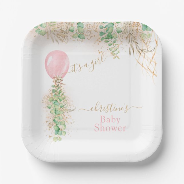 Girl Balloon Eucalyptus Gold Glitter Baby Shower Paper Plates (Front)