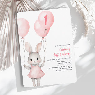Girl Balloon First Birthday Invitation