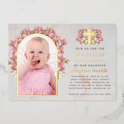 Girl Baptism 1st Birthday Photo Pink Orchids Gold Foil Invitation