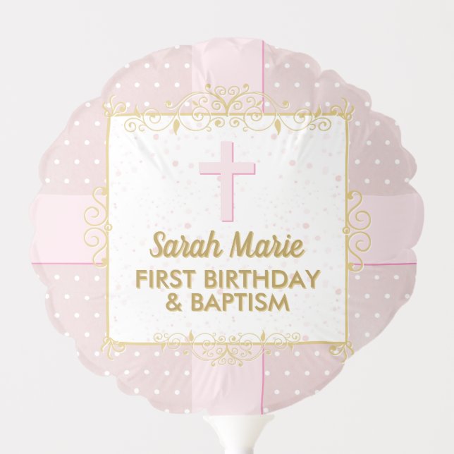 Girl Baptism 1st Birthday Pink Gold Christening Balloon (Front)