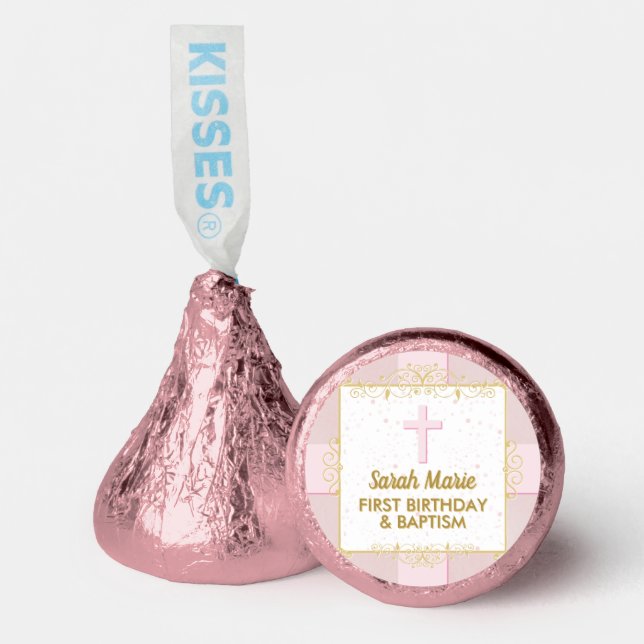 Girl Baptism 1st Birthday Pink Gold Text Polka Dot Hershey®'s Kisses® (Front)