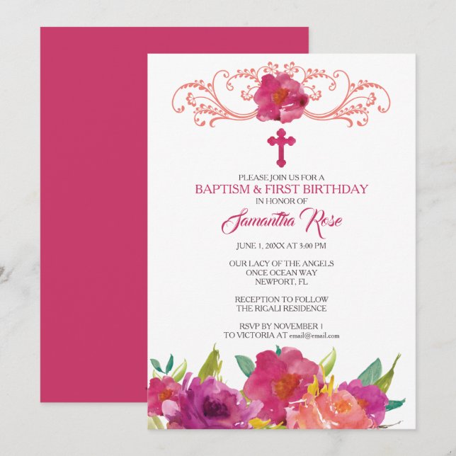 Girl BAPTISM and First Birthday Invitation (Front/Back)