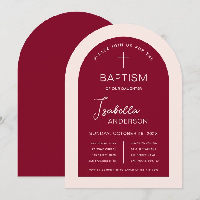 Girl Baptism Arch Burgundy Pink Modern Script Invitation (Front/Back)