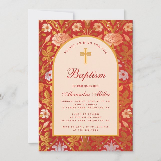 Girl Baptism Arch Floral Rose Lily Elegant Script Invitation (Front)