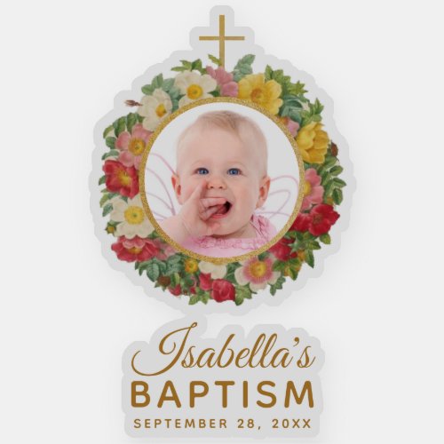 Girl Baptism Baby Photo Rose Wreath Cross Script Sticker