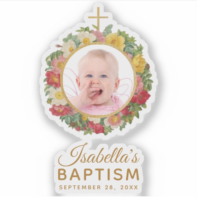 Girl Baptism Baby Photo Rose Wreath Cross Script Sticker (Front)