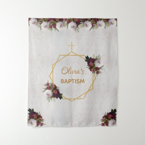 Girl Baptism Backdrop Gold Burgundy Peonies Marble