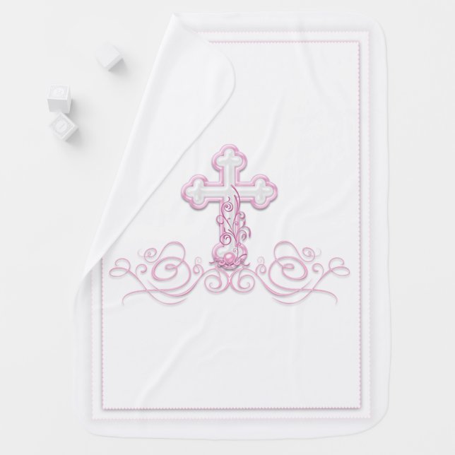 Girl Baptism Blanket with Elegant Pink Cross (In Situ)