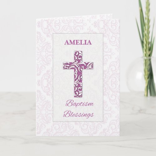 Girl Baptism Blessings Blue Cross Damask Swirls Card