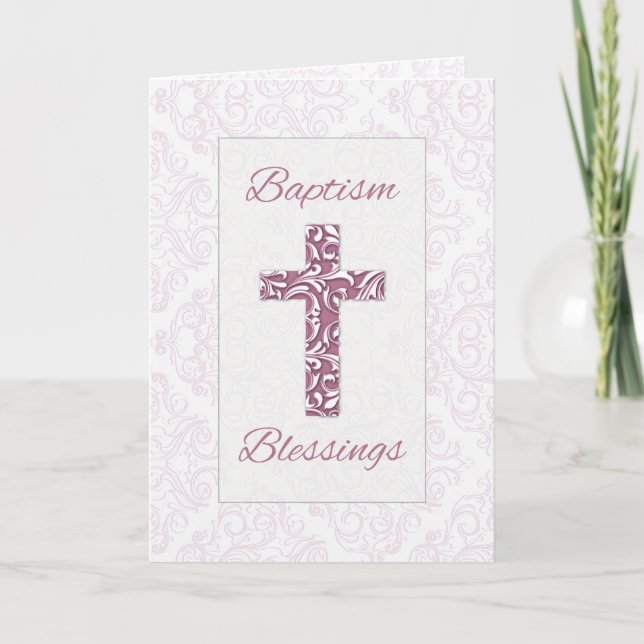 Girl Baptism Blessings Blue Cross Damask Swirls Card (Front)