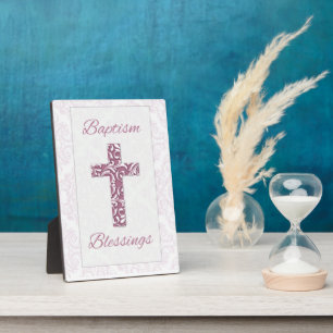 Girl Baptism Blessings Pink Cross Damask Swirls Plaque