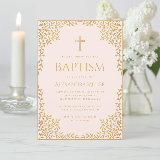 Girl Baptism Blush Pink Faux Gold Leaves Religious Invitation (Creator Uploaded)