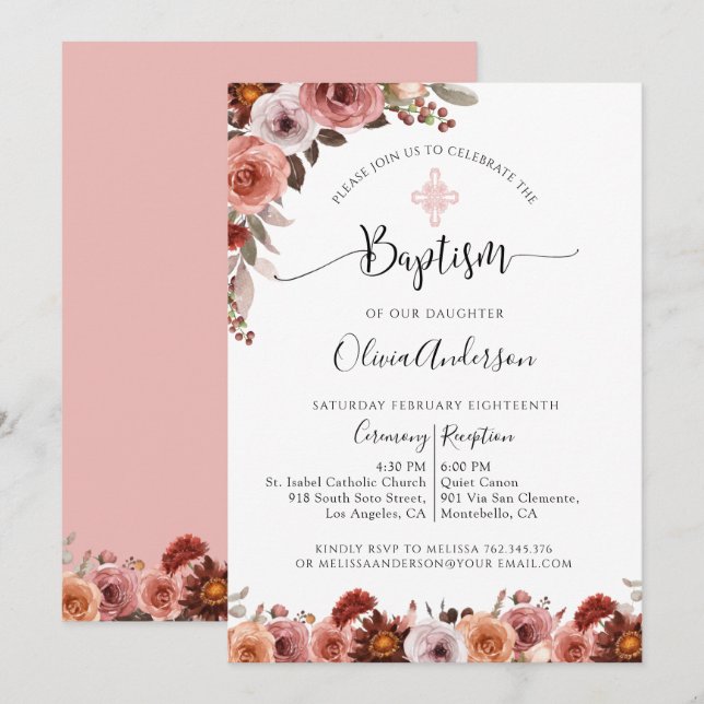 Girl Baptism Blush Pink Floral Invitation (Front/Back)