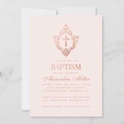 Girl Baptism Blush Pink Rose Gold Cross in Crest Invitation