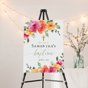 Girl baptism bright pink orange peony welcome foam board