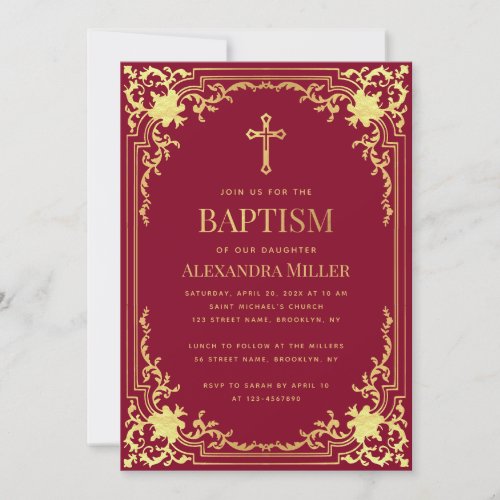 Girl Baptism Burgundy Faux Gold Vintage Religious  Invitation
