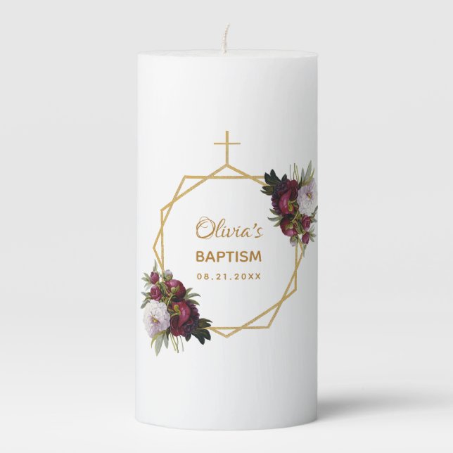 Girl Baptism Burgundy Peonies Gold Cross Floral Pillar Candle (Front)
