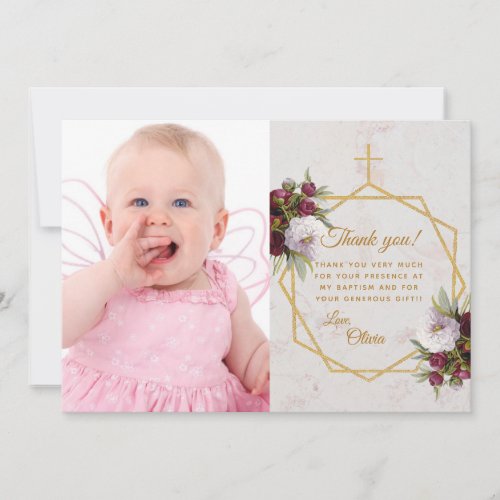 Girl Baptism Burgundy Peonies Gold Cross Marble Thank You Card