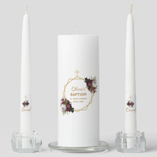 Girl Baptism Burgundy Peonies Gold Floral Unity Candle Set (Front)