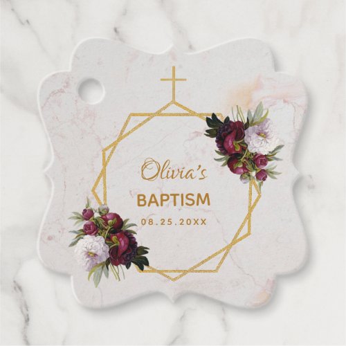 Girl Baptism Burgundy Peonies Gold Marble Floral Favor Tags