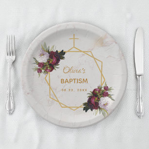 Girl Baptism Burgundy Peonies Marble Gold Floral Paper Plates