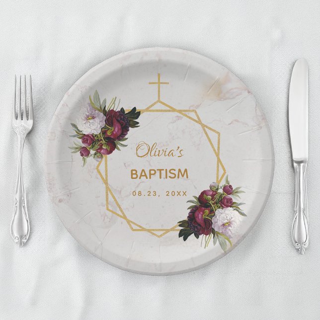 Girl Baptism Burgundy Peonies Marble Gold Floral Paper Plates (Creator Uploaded)