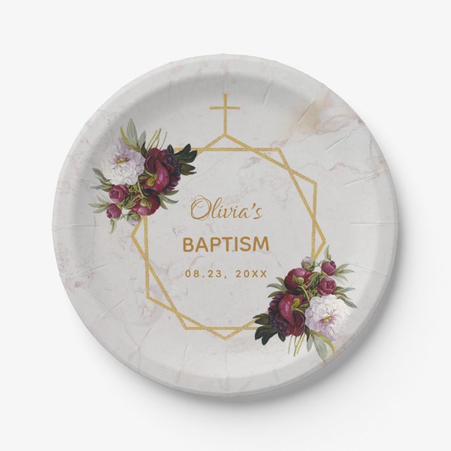 Girl Baptism Burgundy Peonies Marble Gold Floral Paper Plates (Front)