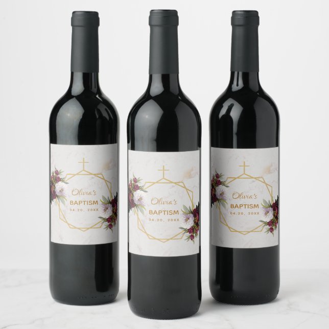 Girl Baptism Burgundy Peonies Marble Gold Floral Wine Label (Bottles)