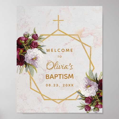 Girl Baptism Burgundy Peonies Marble Gold Welcome Poster