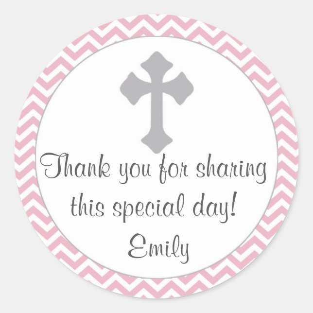 Girl Baptism Christening Favor Label Pink Silver (Front)