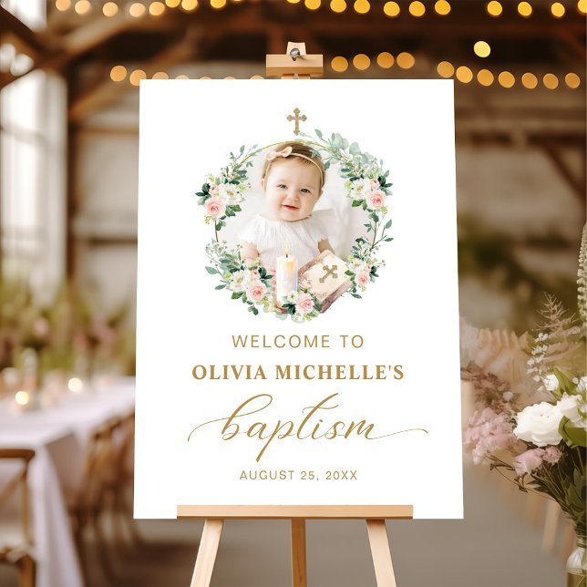 Girl Baptism Christening Floral Photo Welcome Sign (Creator Uploaded)