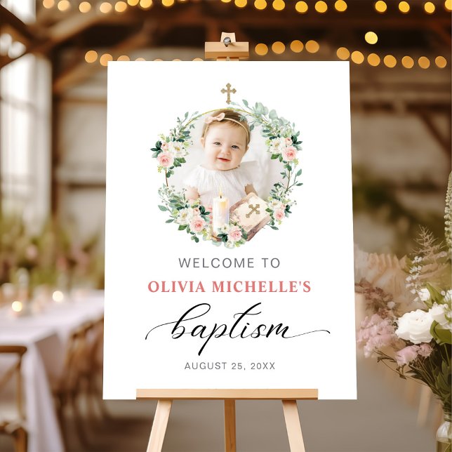 Girl Baptism Christening Floral Photo Welcome Sign (Creator Uploaded)