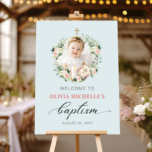 Girl Baptism Christening Floral Photo Welcome Sign