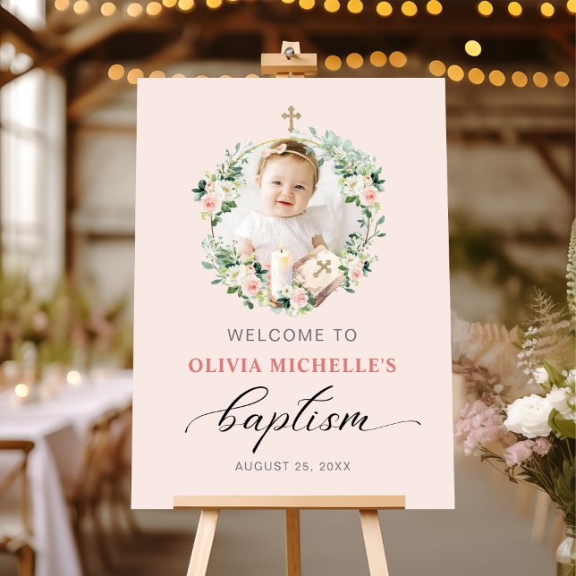 Girl Baptism Christening Floral Photo Welcome Sign (Creator Uploaded)