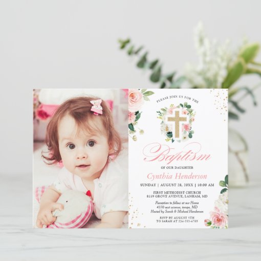 Girl Baptism Christening Photo Blush Pink Floral Invitation 