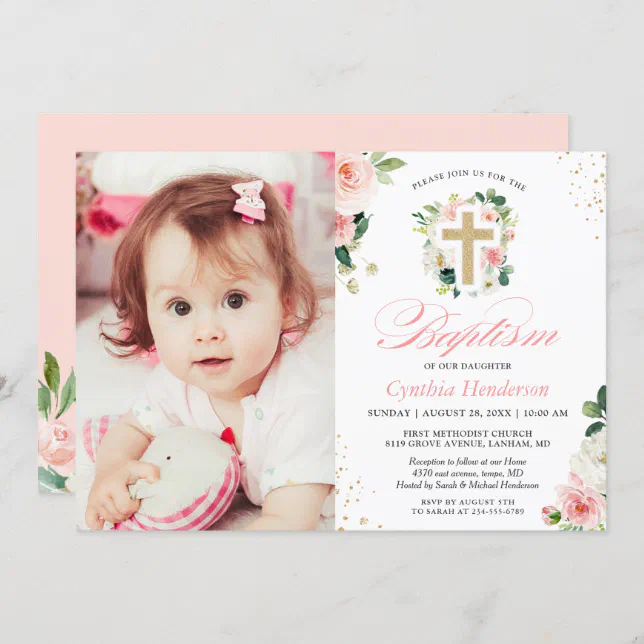 Girl Baptism Christening Photo Blush Pink Floral Invitation 