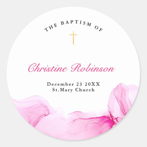 Girl Baptism Christening Pink Ink Classic Round Sticker