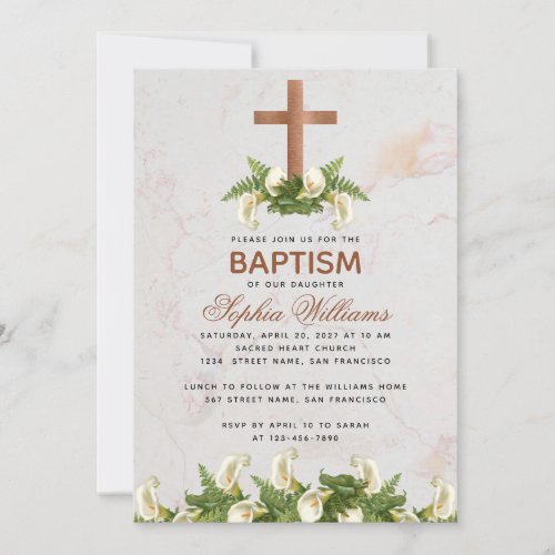 Girl Baptism Copper Cross Calla Lilies Fern Marble Invitation