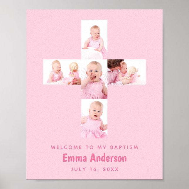  Girl Baptism Cross Photo Collage Pink Christening Poster (Front)
