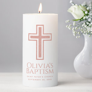 Girl Baptism Cross Rose Gold Pink Simple Elegant Pillar Candle