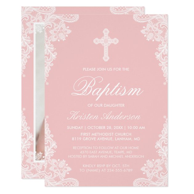 Girl Baptism Elegant Blush Pink White Lace Photo Card